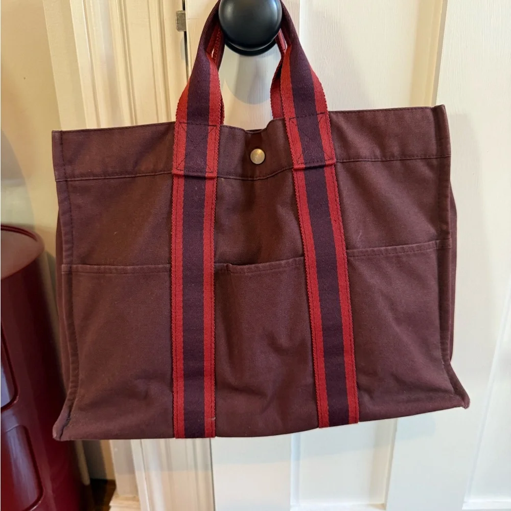 Hermes Burgundy Fourre Tout Canvas Bag - Picture 3 of 5